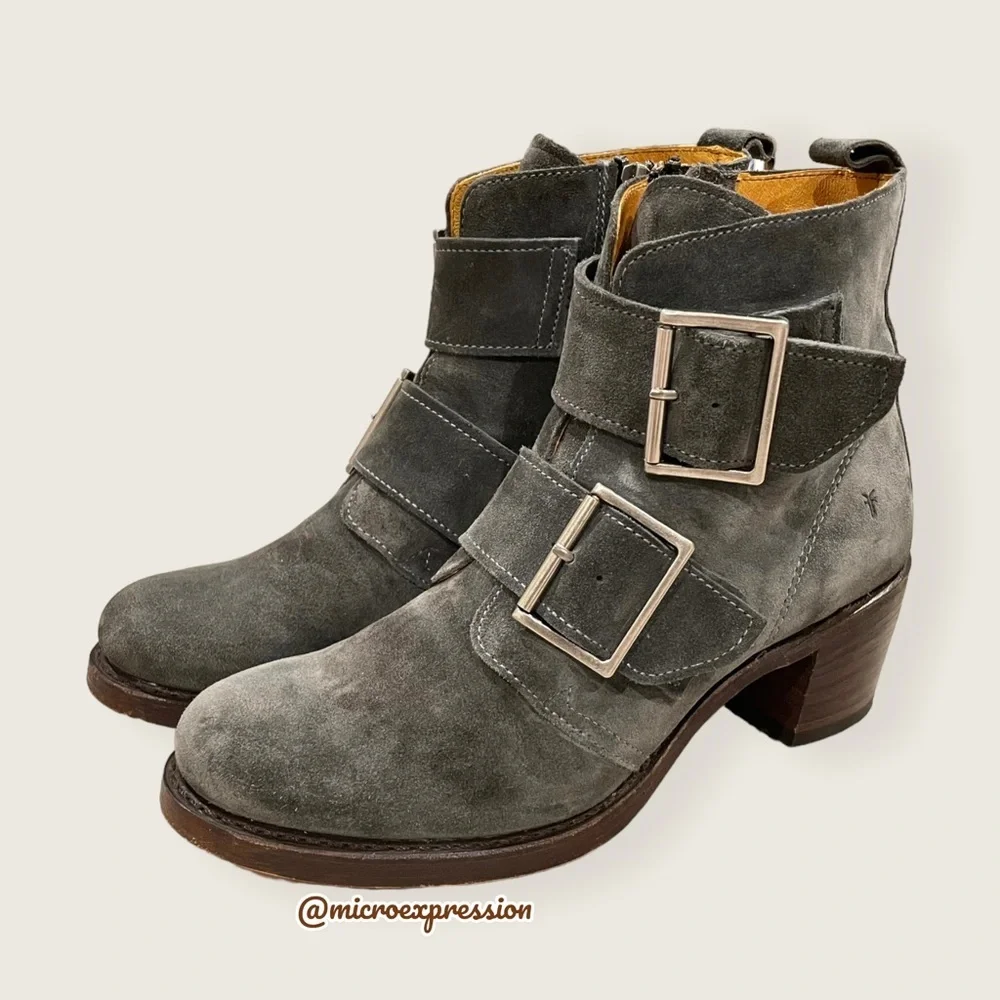 $399 Frye Sabrina Double Buckle Academia Grey Suede Leather Block Heel AnkleBoot - Picture 16 of 16